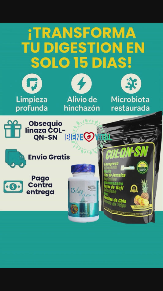 15 DAY CLEANSE + LINAZA COL-QN-SN (Gratis): TU PLAN COMPLETO QUE TE LIBERA DE LA PESADEZ E HINCHAZÓN Y RESTAURA TU SISTEMA DIGESTIVO EN 15 DIAS.